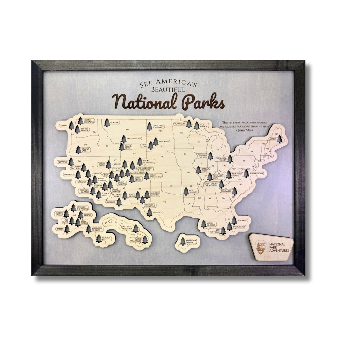 18x24 National Parks Travel map with a black frame. 
