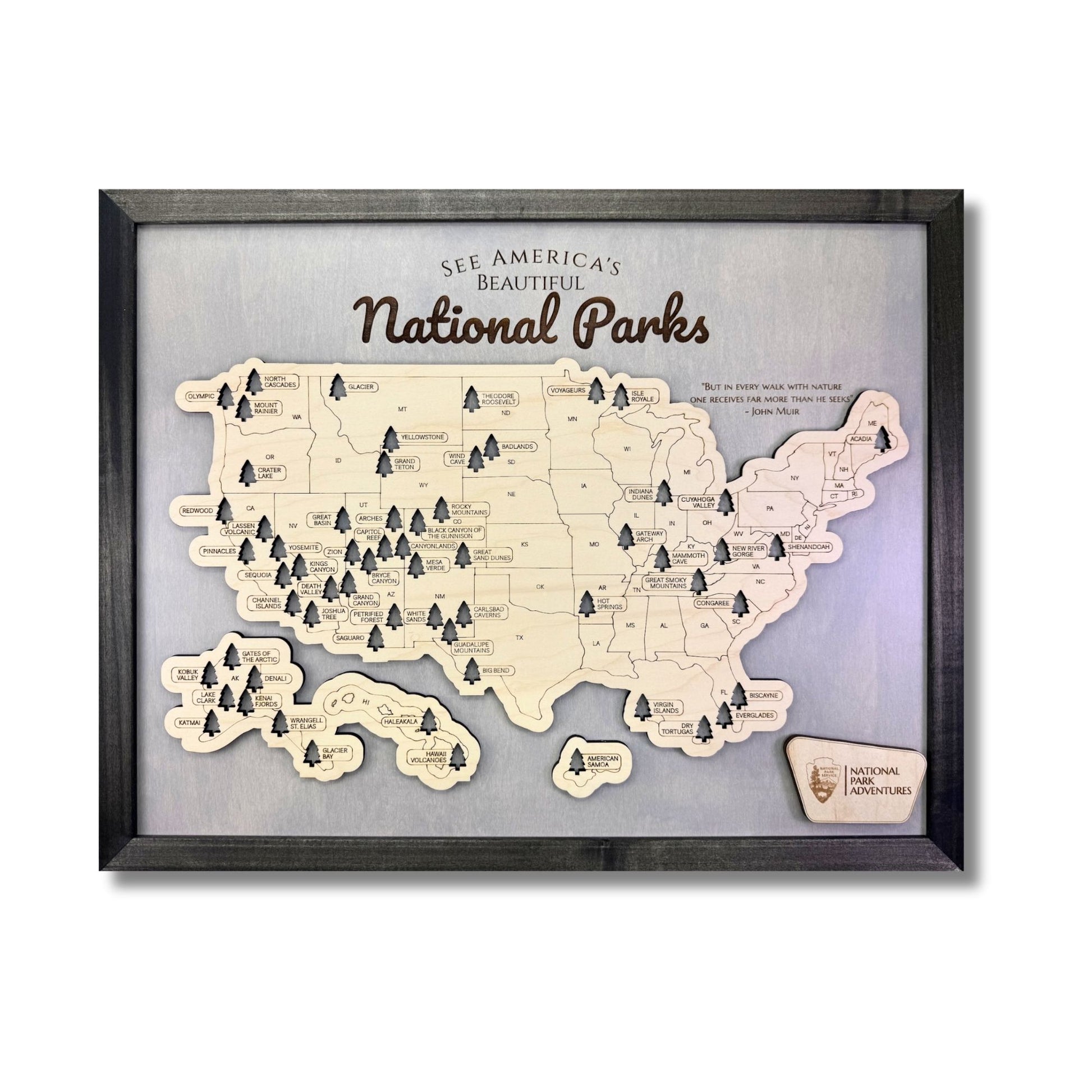 18x24 National Parks Travel map with a black frame. 