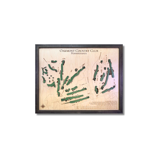 3D wooden map of Oakmont Country Club in PA, framed and on a white background. 