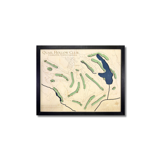 Framed 3D wooden map of Quail Hollow Club on a white background.