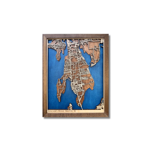 3D wooden map of Bristol, RI on a white background. 