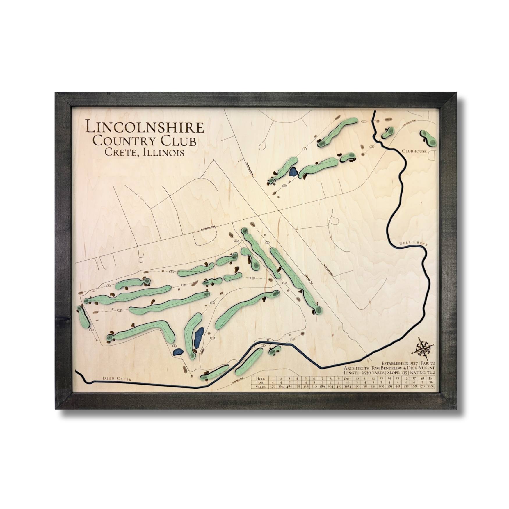 Wooden golf map of Lincolnshire Country Club in Crete, Illinois on a white background. 