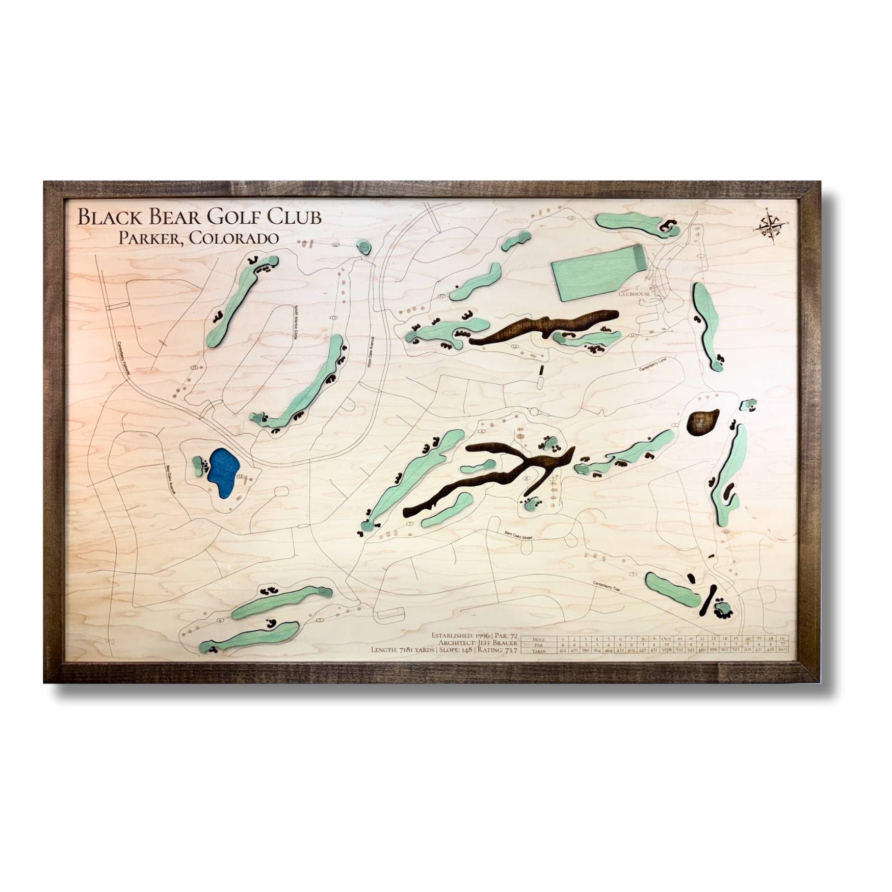 Framed golf course map of Black Bear Golf Club in Parker, Colorado