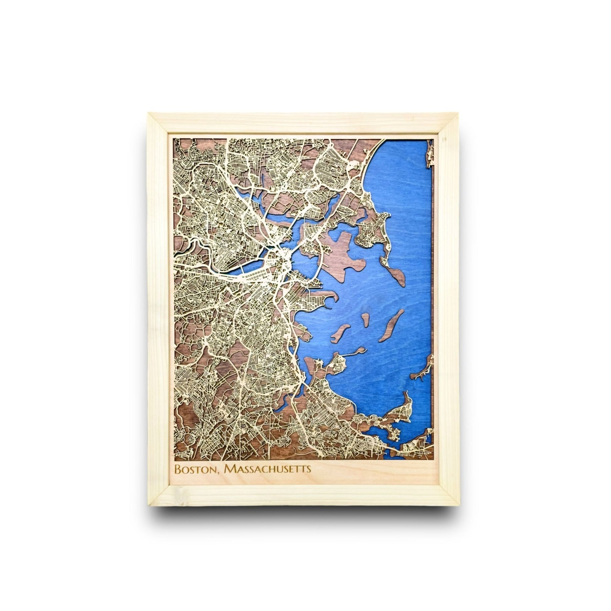 Small Boston city map with raised roads and a natural wood frame color. 