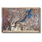 Framed wooden map of Chattanooga, TN with blue water stain, raised roads, and personalized text. 