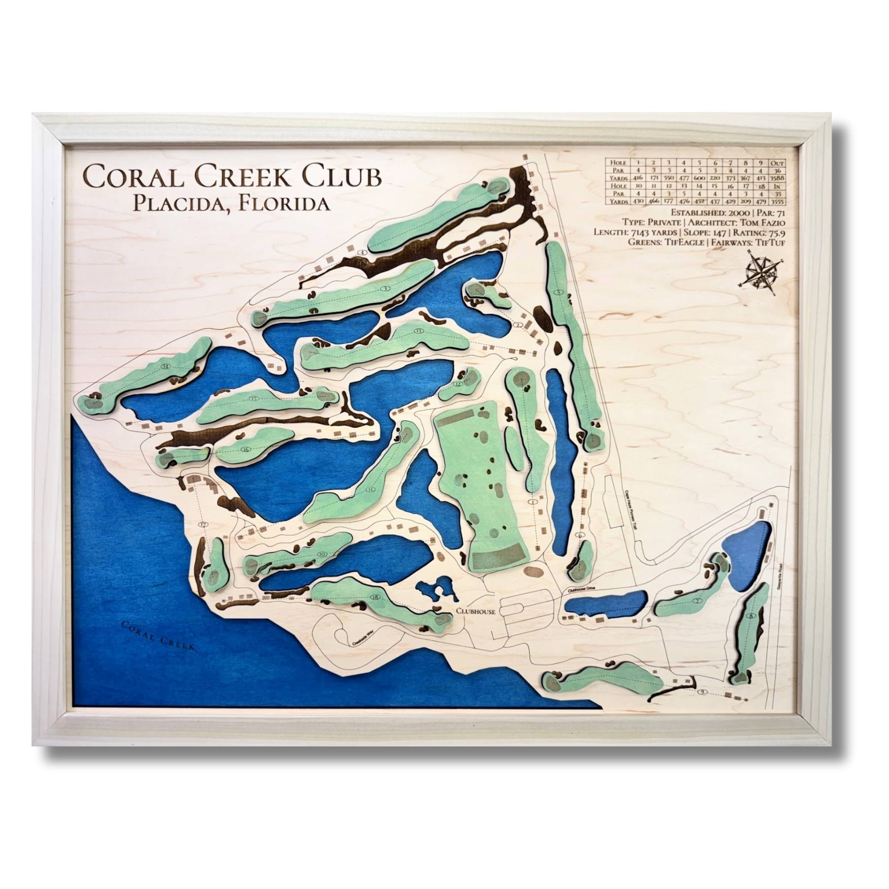 Wooden golf map of Coral Creek Club in Florida with blue water stain, green greens, and a natural wood colored frame. 