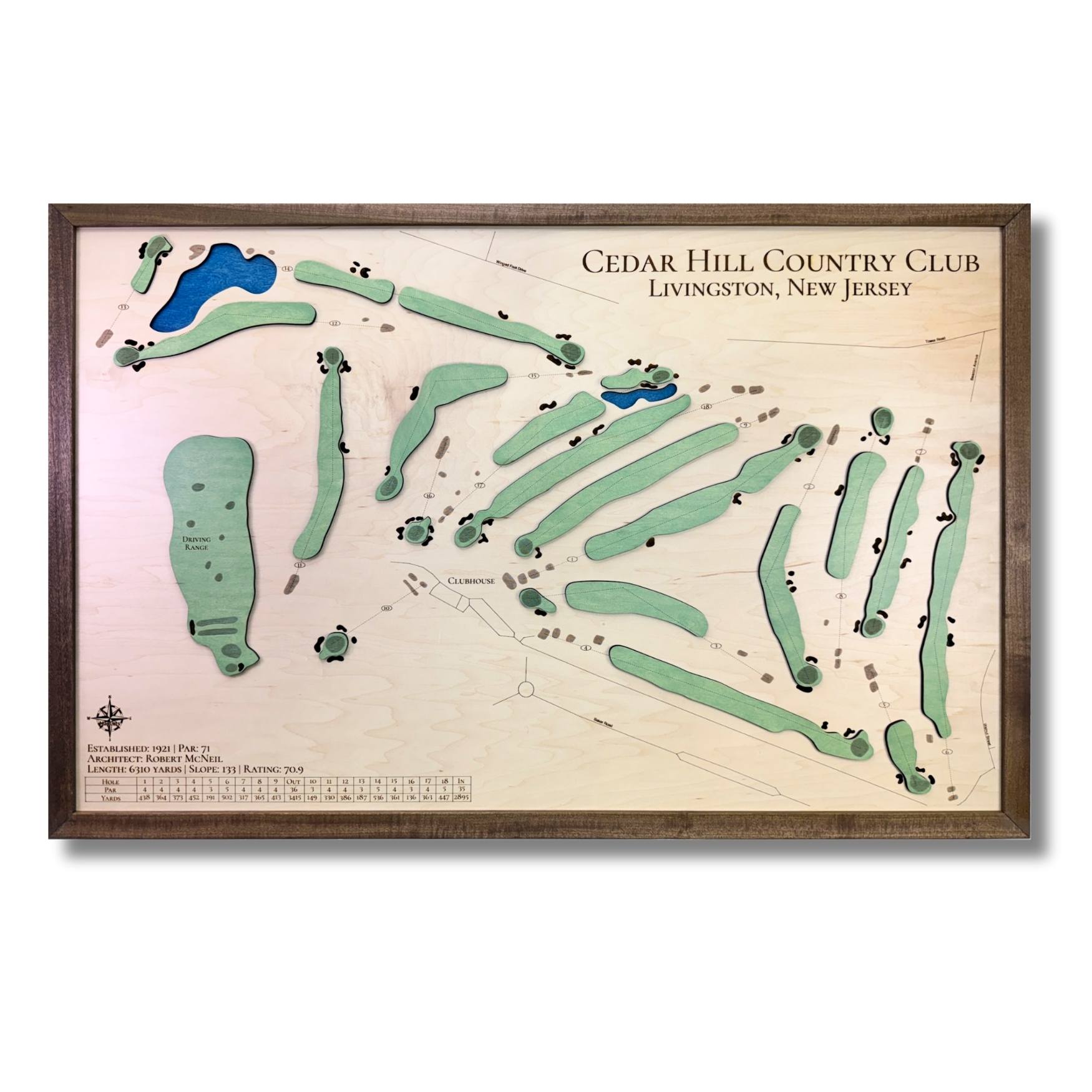 Wooden map of Cedar Hill Country Club with a walnut brown frame.