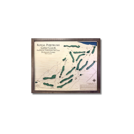 Framed 3D wooden map of Royal Portrush Golf Club on a white background