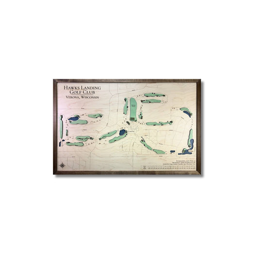 Framed wooden map of Hawks Landing Golf Club in Verona, Wisconsin on a white background.