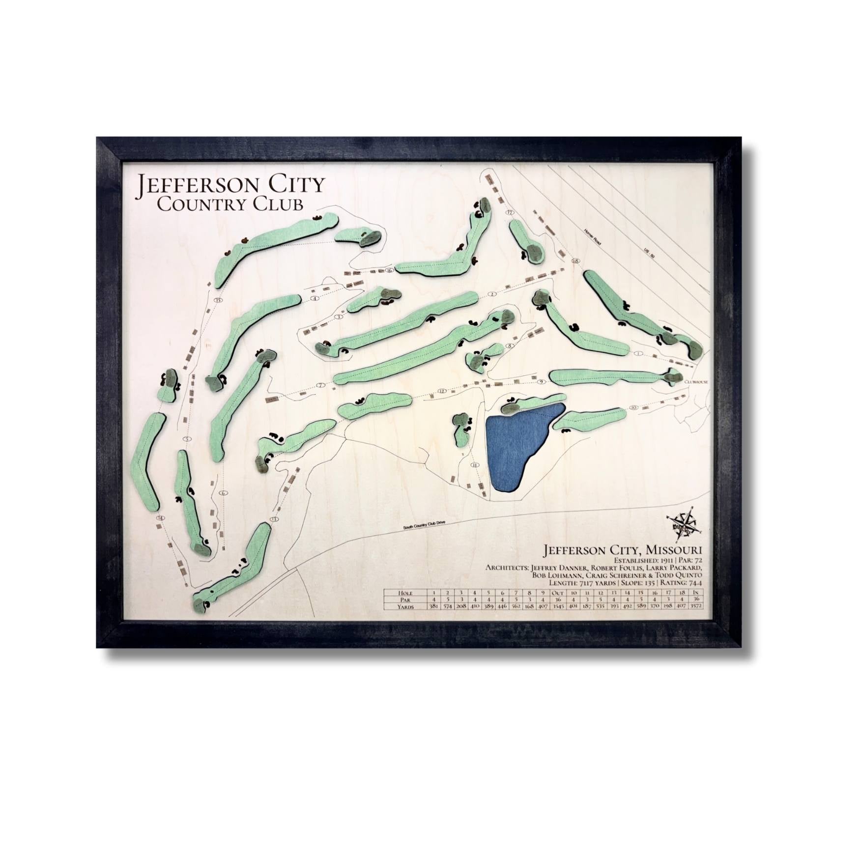Wooden golf map of Jefferson City Country Club with green and blue stain and a black frame. 