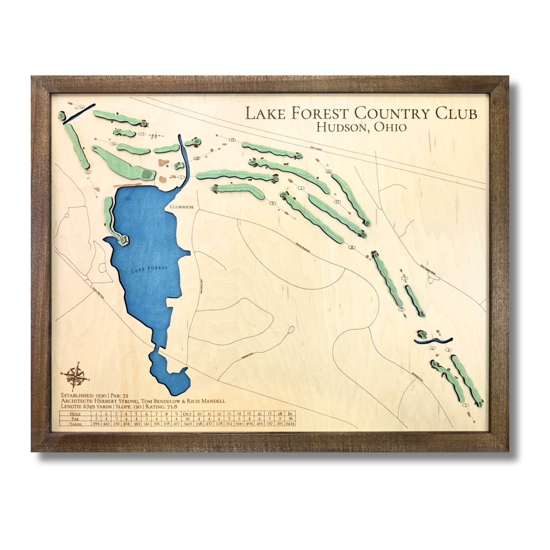 3D wooden map of Lake Forest Country Club, Hudson, Ohio with blue and green stain. 