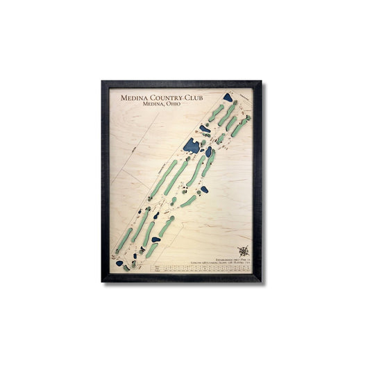 Framed 3D wooden map of Medina Country Club on a white background.