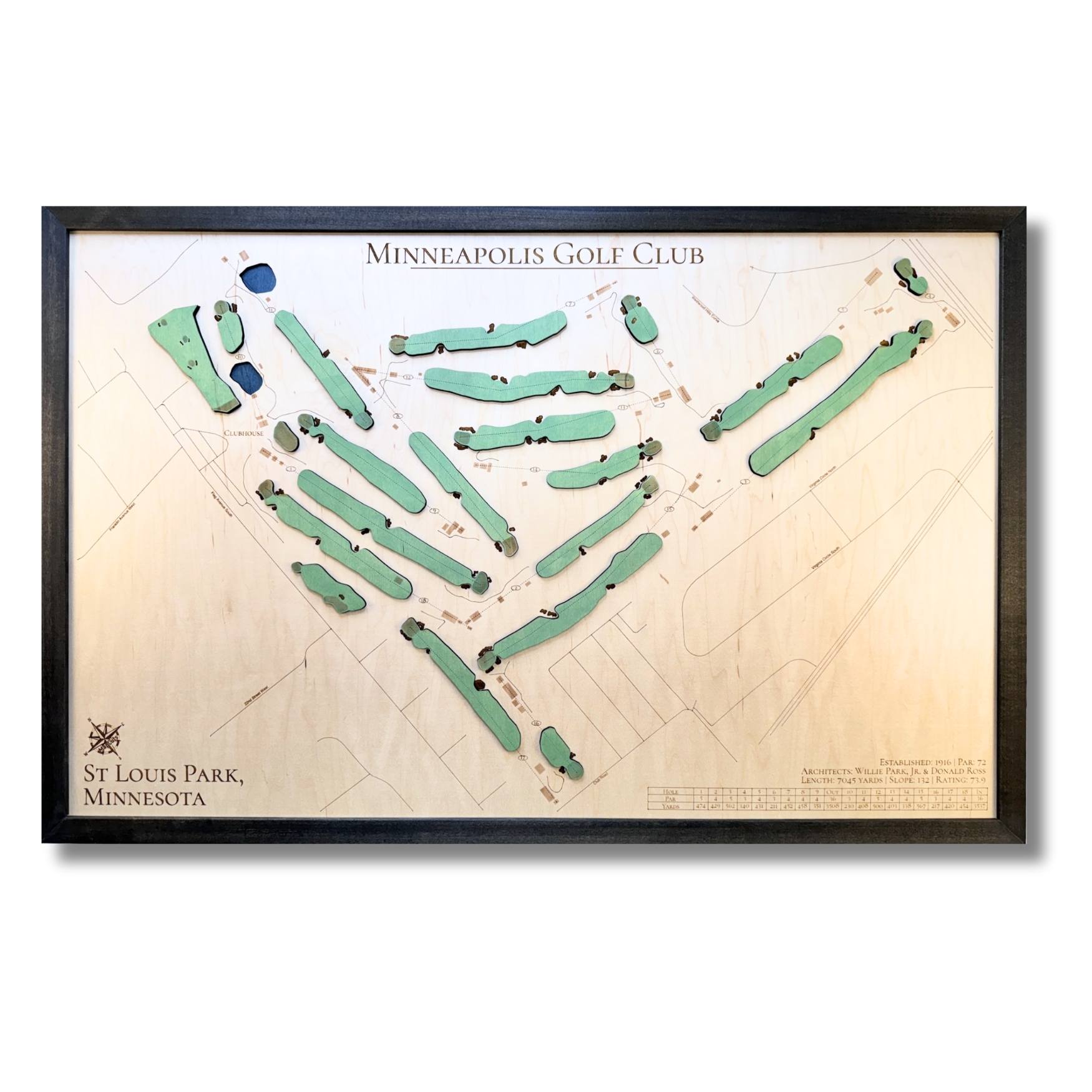 Wooden map of Minneapolis Golf Club with green and blue stain and a black frame. 