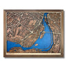 3D wooden map of Montreal with raised and engraved roads, blue water stain, and walnut brown frame. 