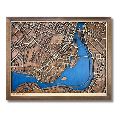 3D wooden map of Montreal with raised and engraved roads, blue water stain, and walnut brown frame. 