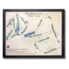 Framed wooden map of Mooresville Golf Club with green and blue stain on a white background.