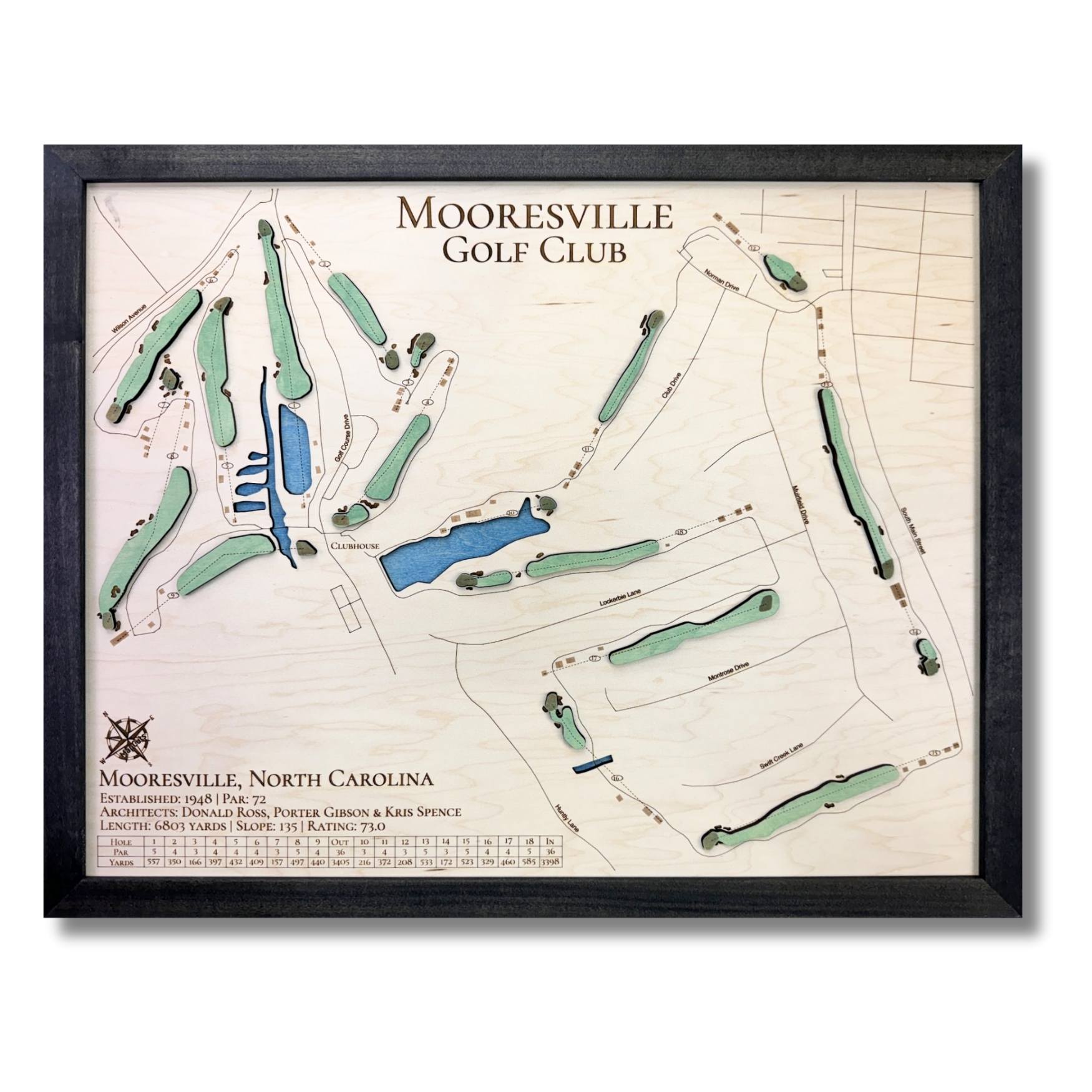 Framed wooden map of Mooresville Golf Club with green and blue stain on a white background.