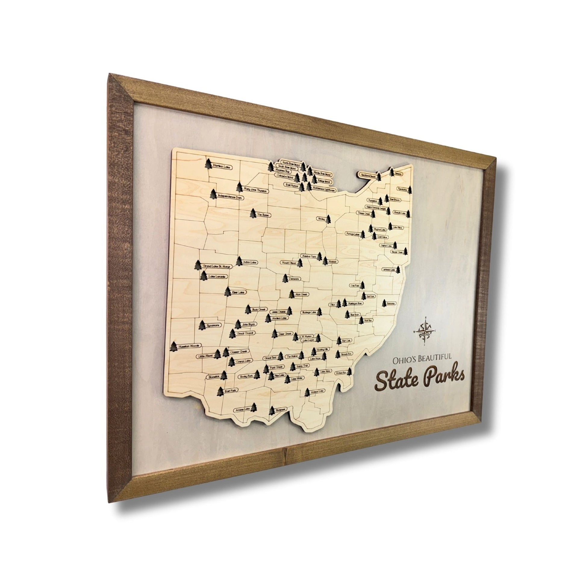 Sideview of a 3D wooden Ohio State Park Travel Map on a white background. 