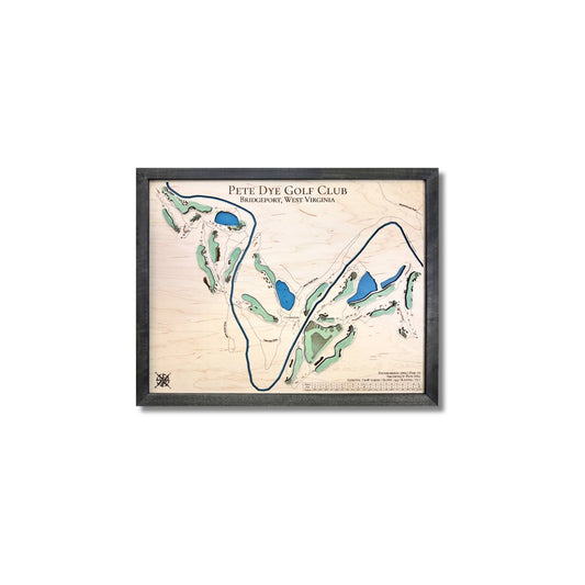Framed golf course map of Pete Dye Golf Club on a white background.