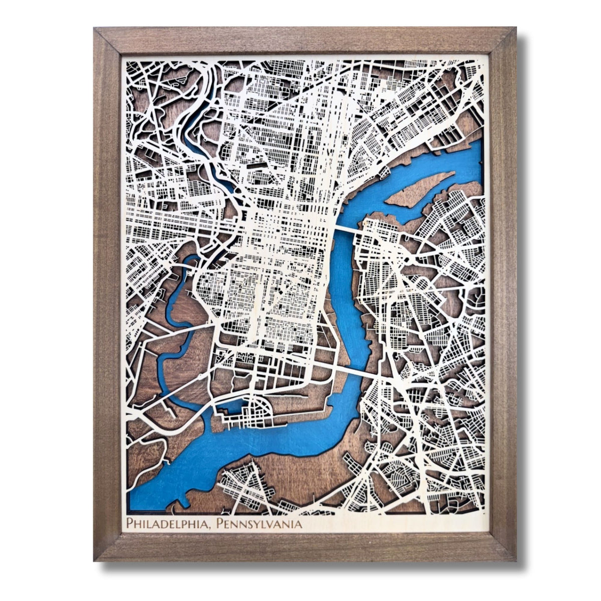 3D wood city map of Philadelphia with a walnut brown frame. 