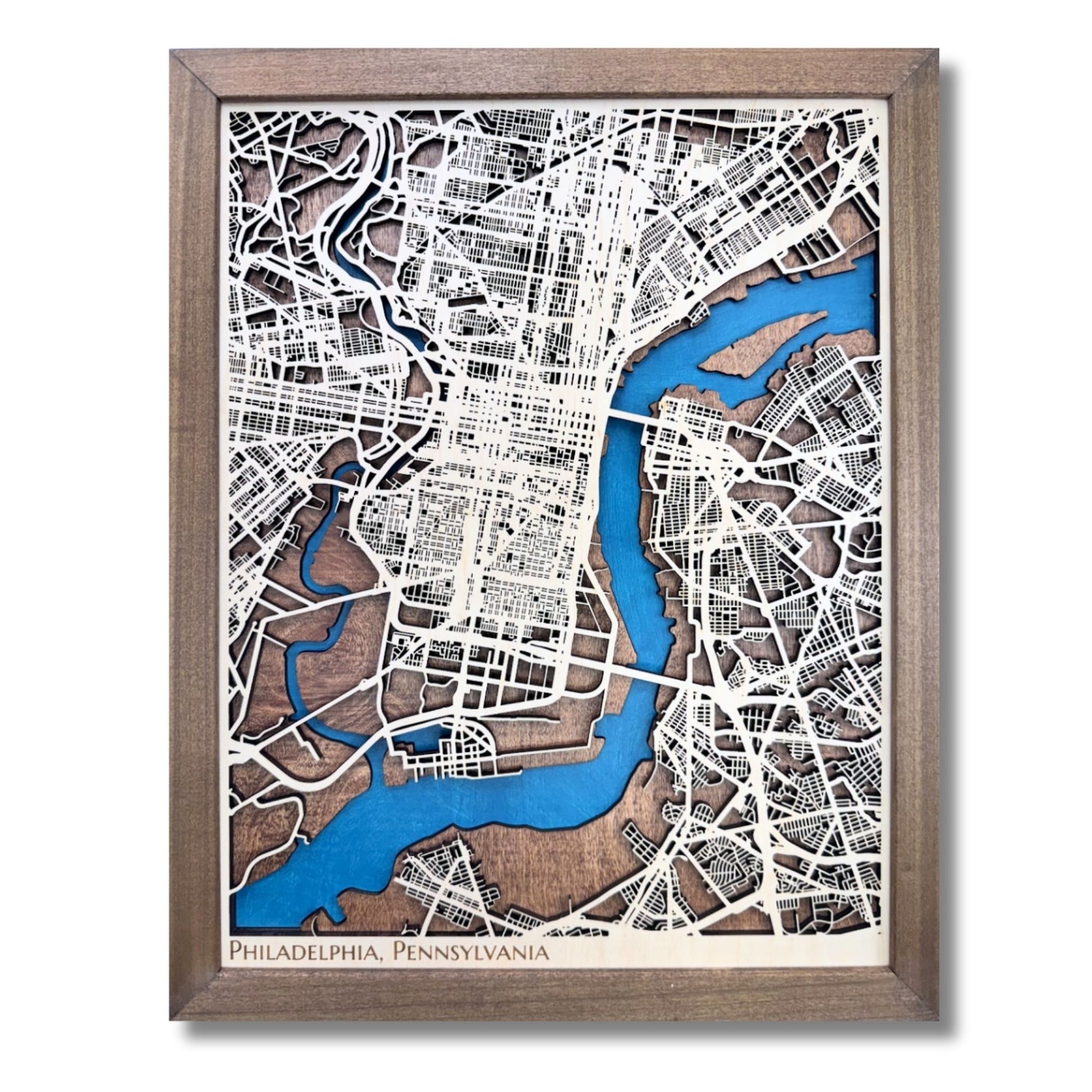 3D wood city map of Philadelphia with a walnut brown frame. 