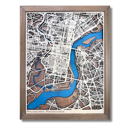 3D wood city map of Philadelphia with a walnut brown frame. 