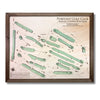 Wooden map of Powfoot Golf Club, Annan, United Kingdom with green stain and a brown frame. 