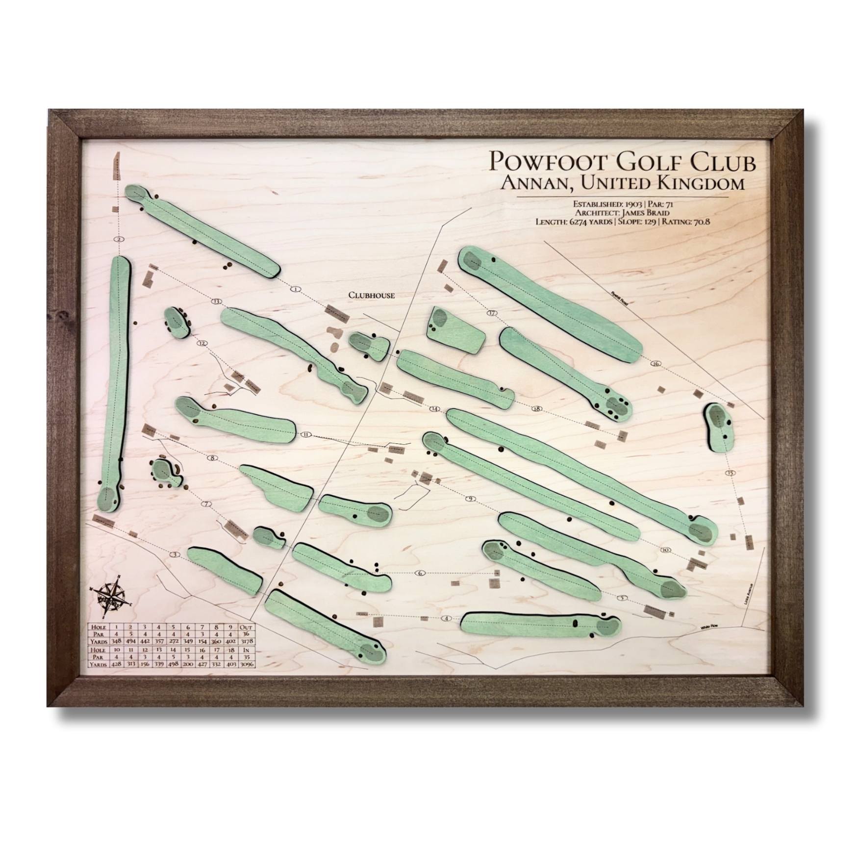 Wooden map of Powfoot Golf Club, Annan, United Kingdom with green stain and a brown frame. 