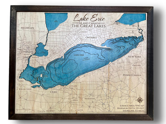 A 3D multilayer wooden map of Lake Erie with engraved roadways, cities, and state names. 