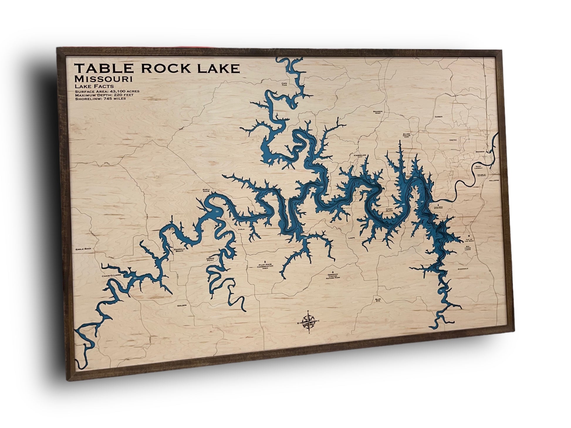 Multilayer wood map of Table Rock Lake in Missouri. 