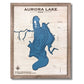 Wooden map of Aurora Lake, Ohio with multi water layers and a walnut brown frame.