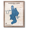 Wooden map of Aurora Lake, Ohio with multi water layers and a walnut brown frame.