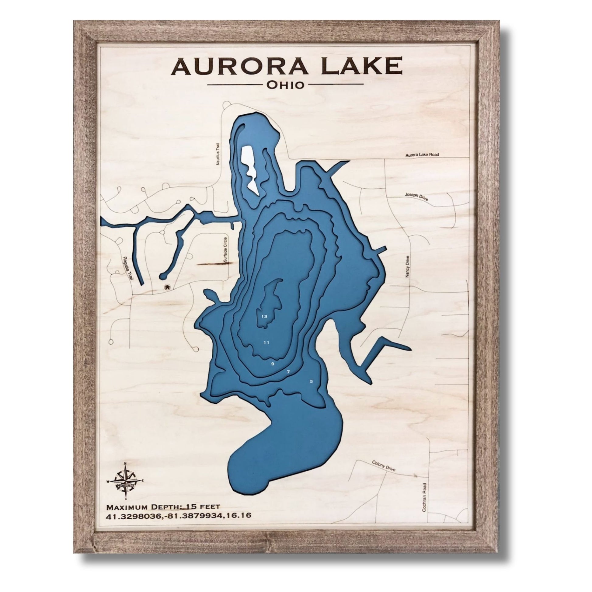 Wooden map of Aurora Lake, Ohio with multi water layers and a walnut brown frame.