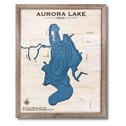 Wooden map of Aurora Lake, Ohio with multi water layers and a walnut brown frame.