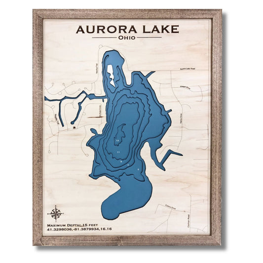 Wooden map of Aurora Lake, Ohio with multi water layers and a walnut brown frame.