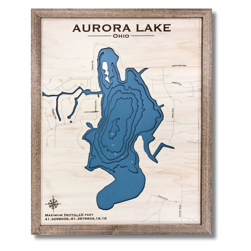 Wooden map of Aurora Lake, Ohio with multi water layers and a walnut brown frame.