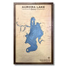 Wooden multilayer map of Aurora Lake, Ohio with light blue water stain and brown frame.