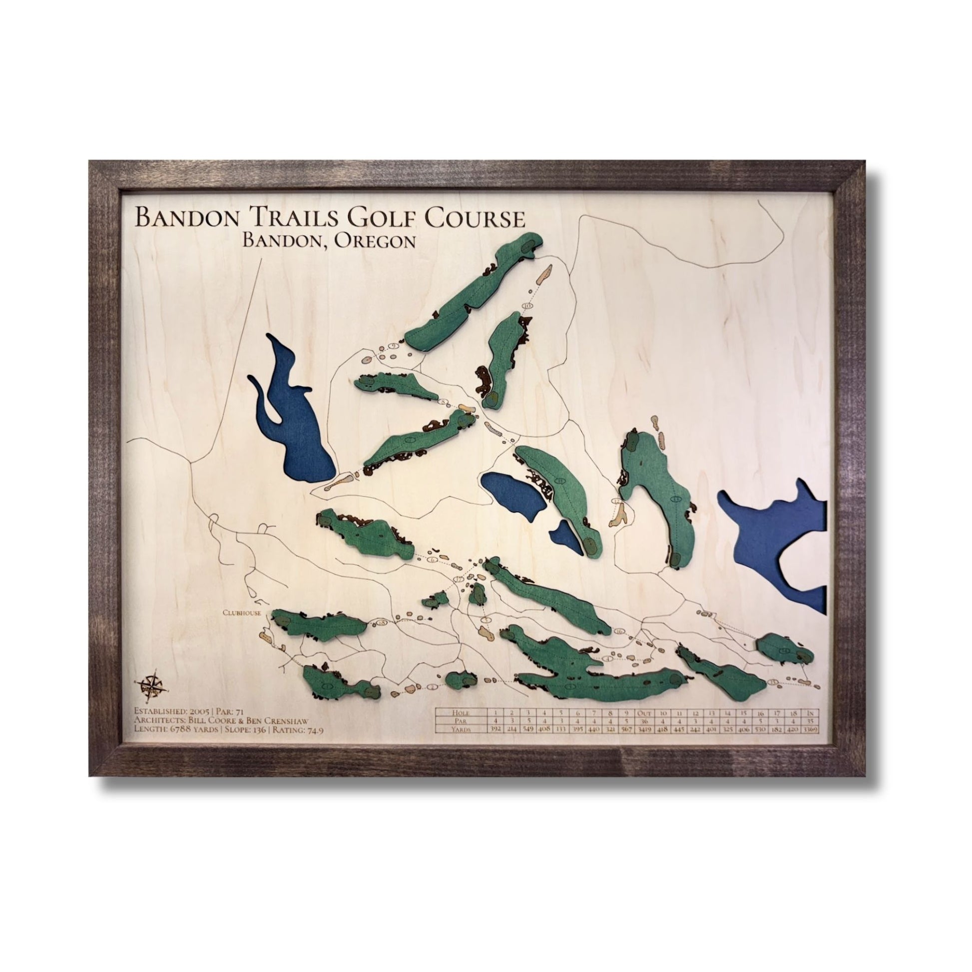 Brandon Trails Golf Course map with raised greens, cut out water layer, and a brown frame. 