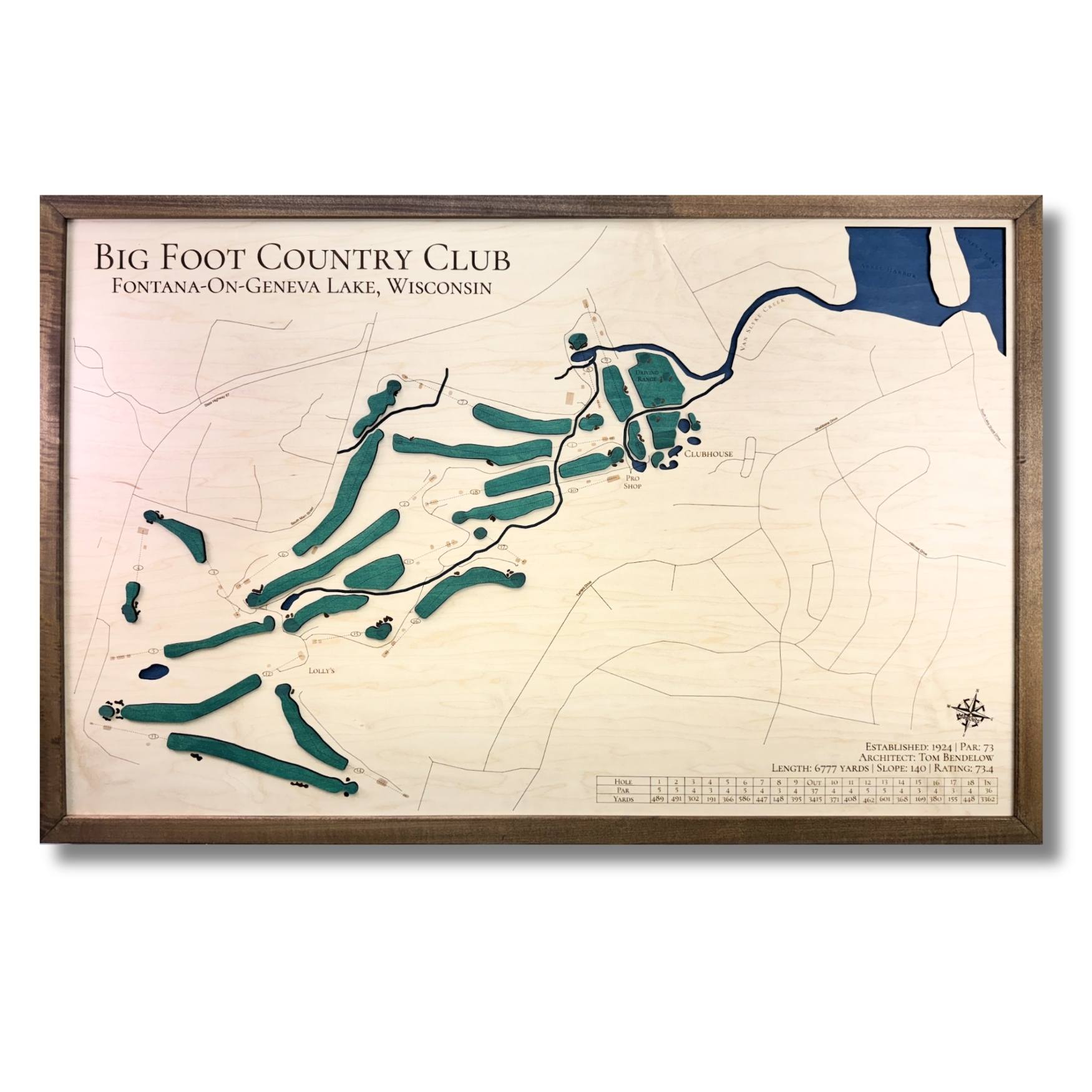 Map of Big Foot Country Club in Wisconsin with a walnut brown frame.