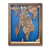 Wooden map of Bristol, RI with raised roads, blue water stain, and personalized text.