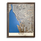 Framed wooden map of Buffalo, NY with dark blue water stain and raised roads. 