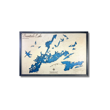 Wooden map of Burntside Lake, Minnesota, with blue stained water and a black frame. 