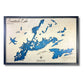 Multi water layer wooden map of Burntside Lake with a black frame and a white background. 