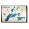 Multi water layer wooden map of Burntside Lake with a black frame and a white background. 