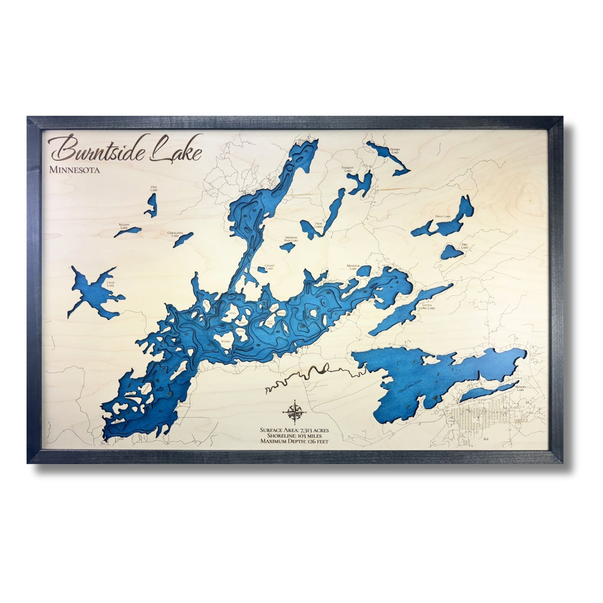 Multi water layer wooden map of Burntside Lake with a black frame and a white background. 