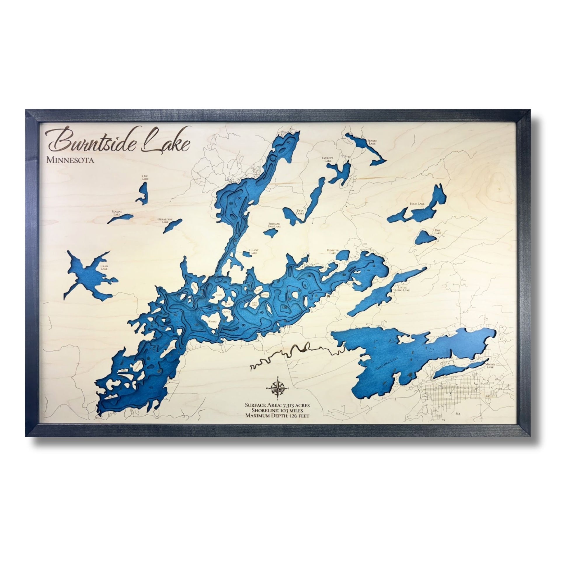 Multi water layer wooden map of Burntside Lake with a black frame and a white background. 
