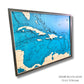 Side view of a multilayer wooden map of the Caribbean islands. 