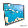 Side view of a multilayer wooden map of the Caribbean islands. 