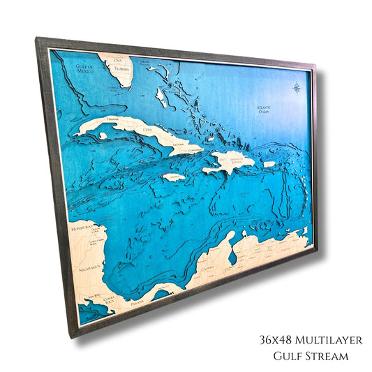 Side view of a multilayer wooden map of the Caribbean islands. 