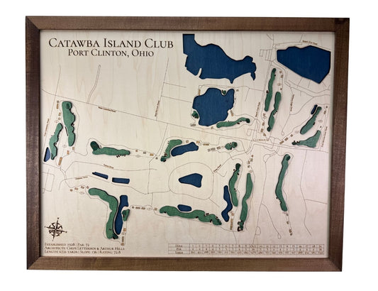A 3D wooden golf map of Catawba Island Club in Port Clinton, Ohio. 
